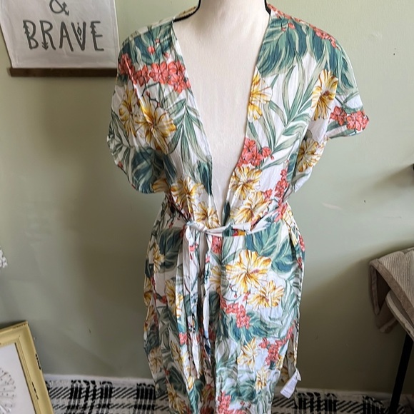 Shein tropical lightweight open front removable belt side slits Kimono - Picture 1 of 11